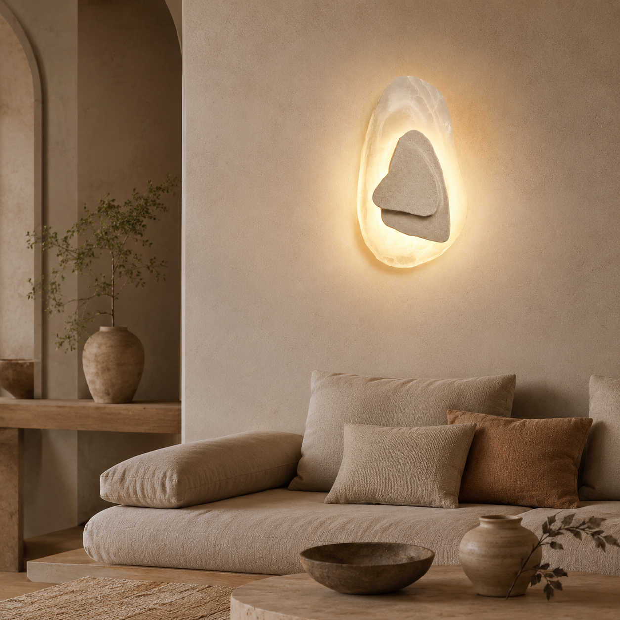 Travolith Wabi-Sabi Yellow Travertine LED Wall Sconce – Warm Ambient Light for Bedroom, Hallway & Hotel Interiors - product view 3