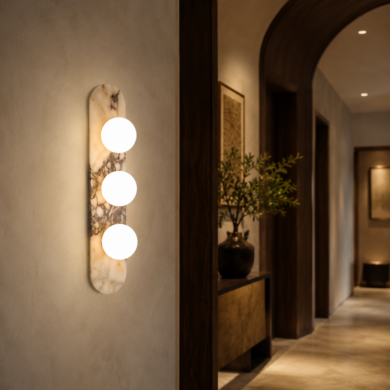 Travolith Patterned Stone Triple-Globe Wall Light – Vertical Natural Stone Sconce with Brass Details - product view 5