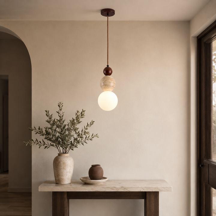 Vintage Cream Travertine Pendant Light – Wood & Stone Hanging Lamp