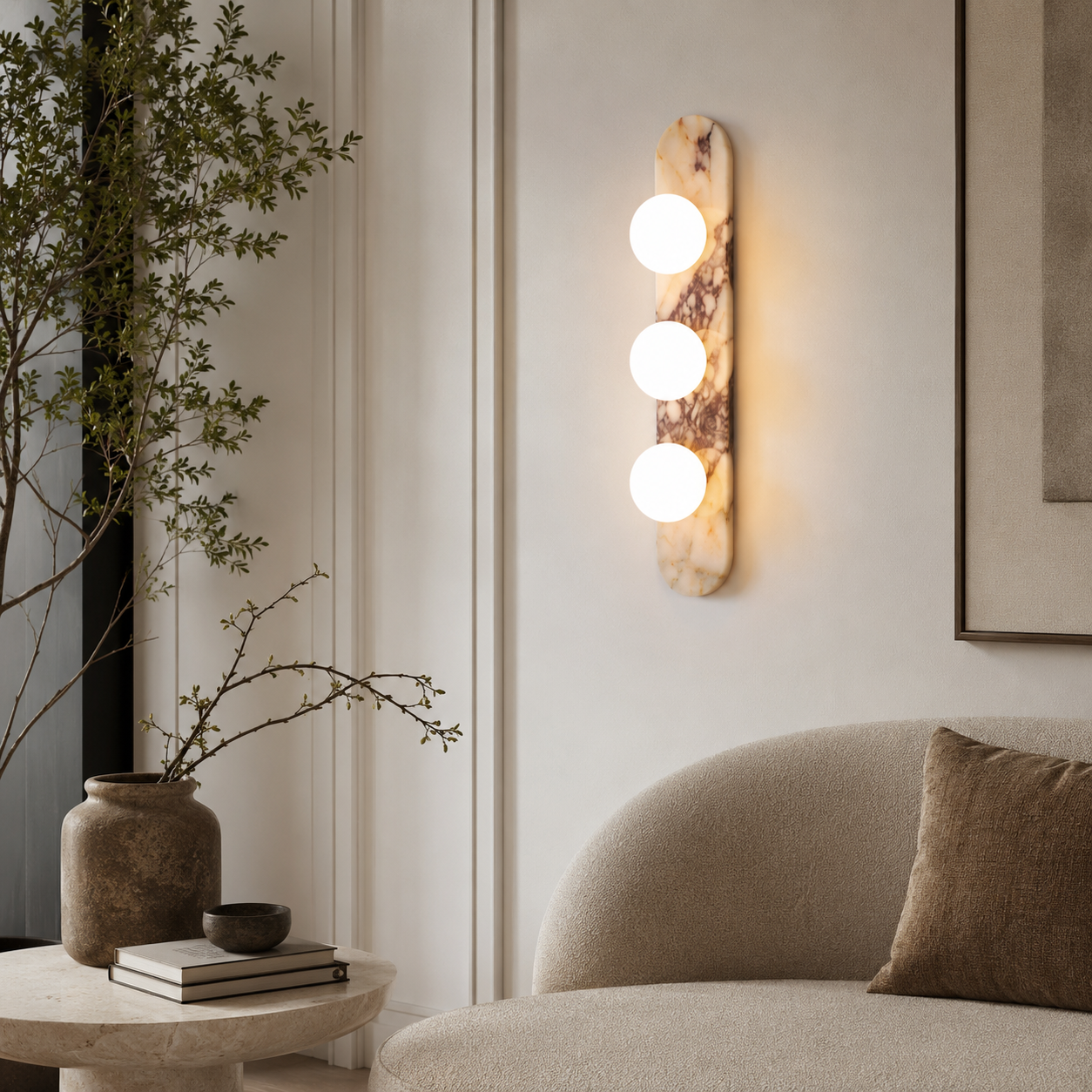 Travolith Patterned Stone Triple-Globe Wall Light – Vertical Natural Stone Sconce with Brass Details - product view 6
