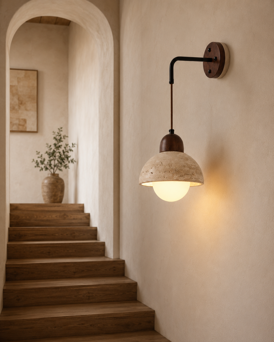 Travolith Wabi-Sabi Travertine Wall Sconce – Japanese Vintage Bedside Light for Living Room, Stairway & Hallway - product view 5