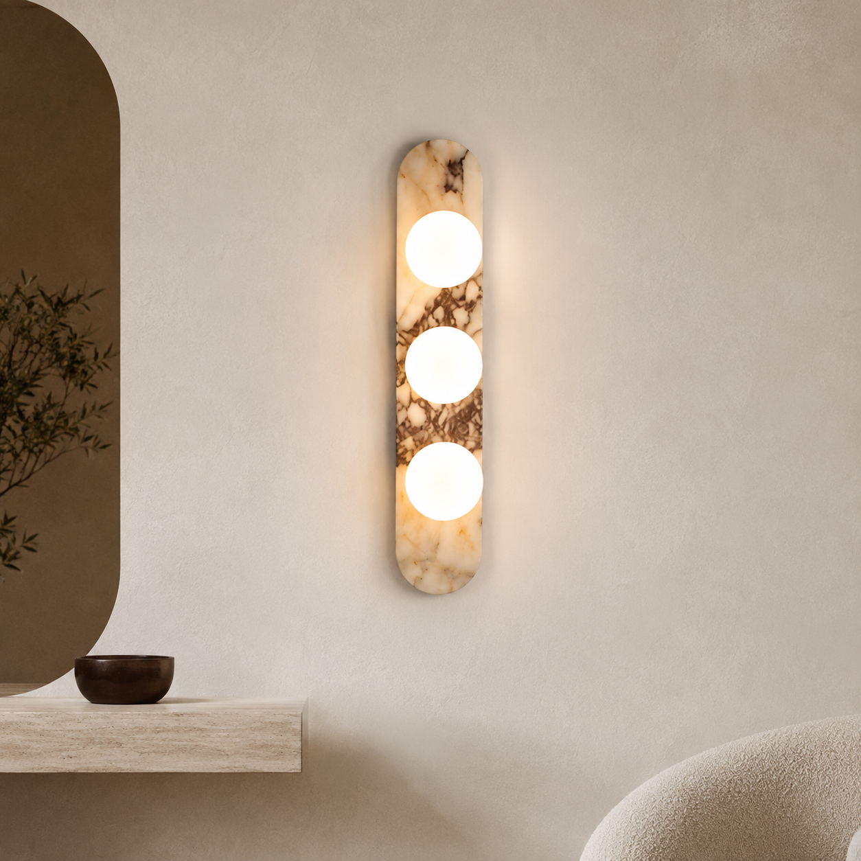 Travolith Patterned Stone Triple-Globe Wall Light – Vertical Natural Stone Sconce with Brass Details - product view 7