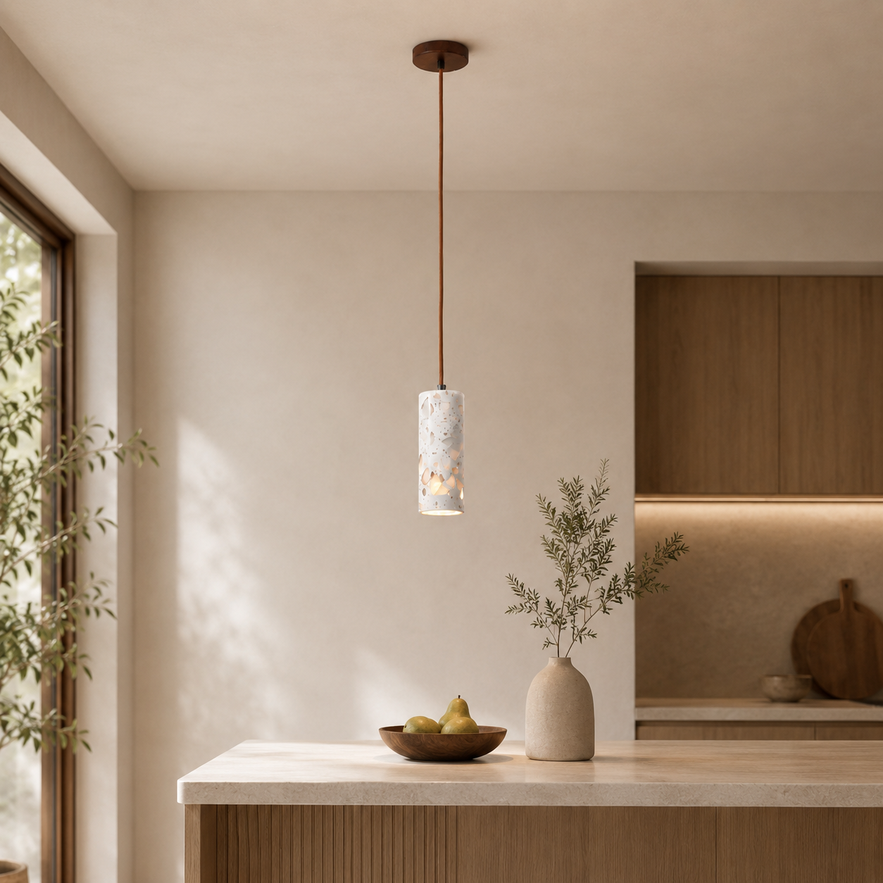 Travolith Model 6520 Natural Wood LED Pendant Light | Minimalist Translucent Stone Style Hanging Lamp for Modern Interiors - product view 3