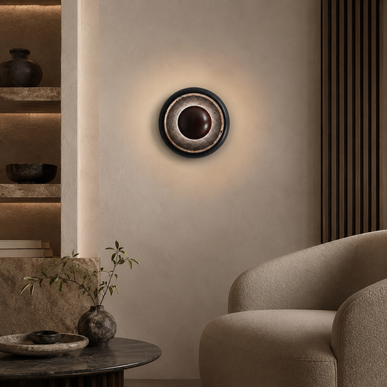 Travolith Black Travertine Halo Wall Light – Natural Stone, Glass and Wood LED Fixture - product view 8