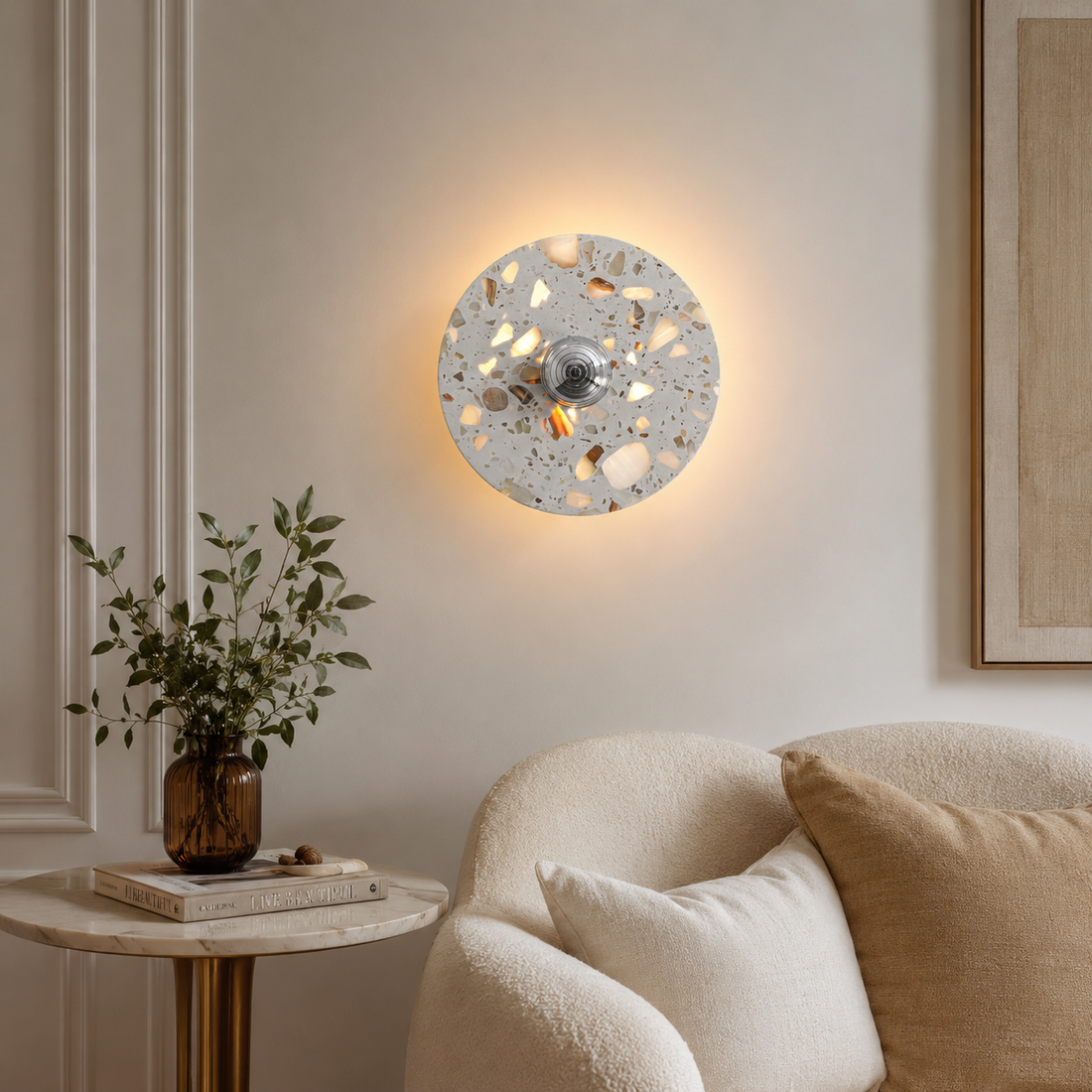 Travolith Ivory Mosaic Halo LED Wall Sconce – Silver Wabi-Sabi Bedside Accent Light - product view 1