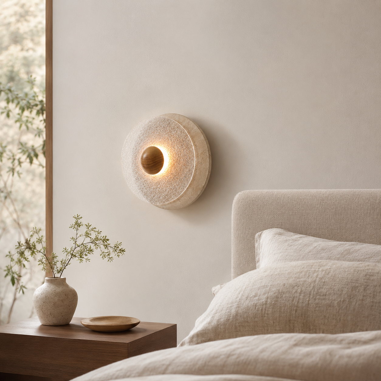 Travolith Kanso Halo Travertine Wall Sconce – Japanese Vintage Round Bedside Light - product view 7