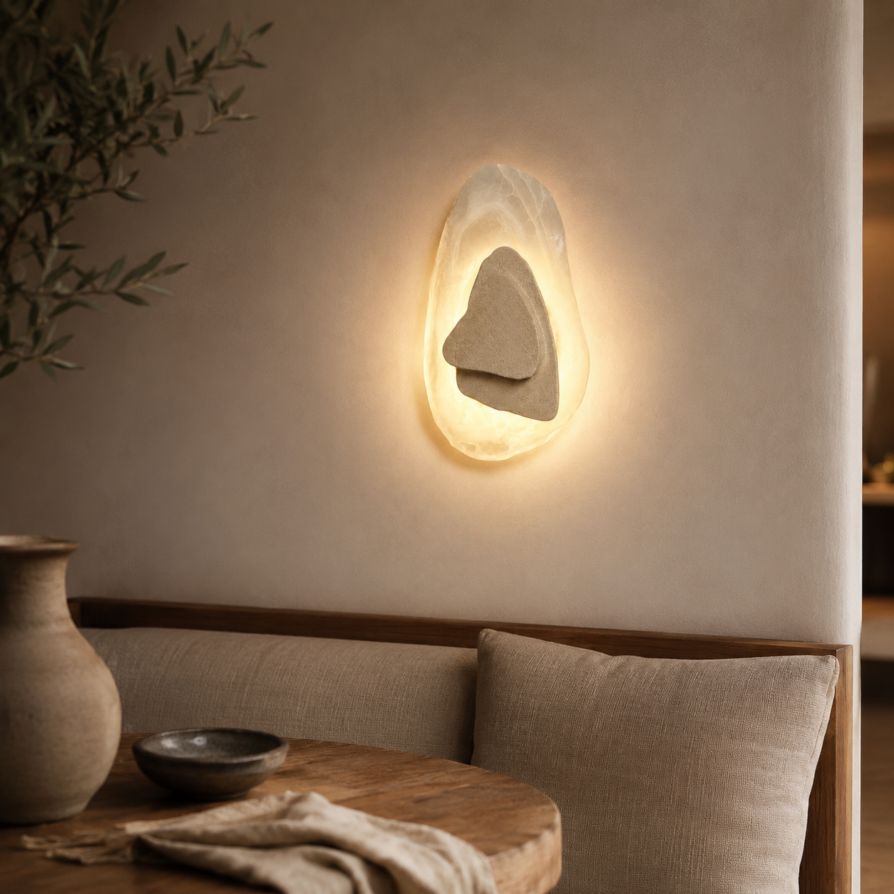 Travolith Wabi-Sabi Yellow Travertine LED Wall Sconce – Warm Ambient Light for Bedroom, Hallway & Hotel Interiors - product view 4