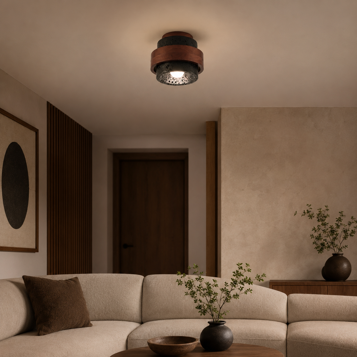 Travolith 6903 Black Travertine Flush Mount – Wood-Wrapped Natural Stone Ceiling Light - product view 5