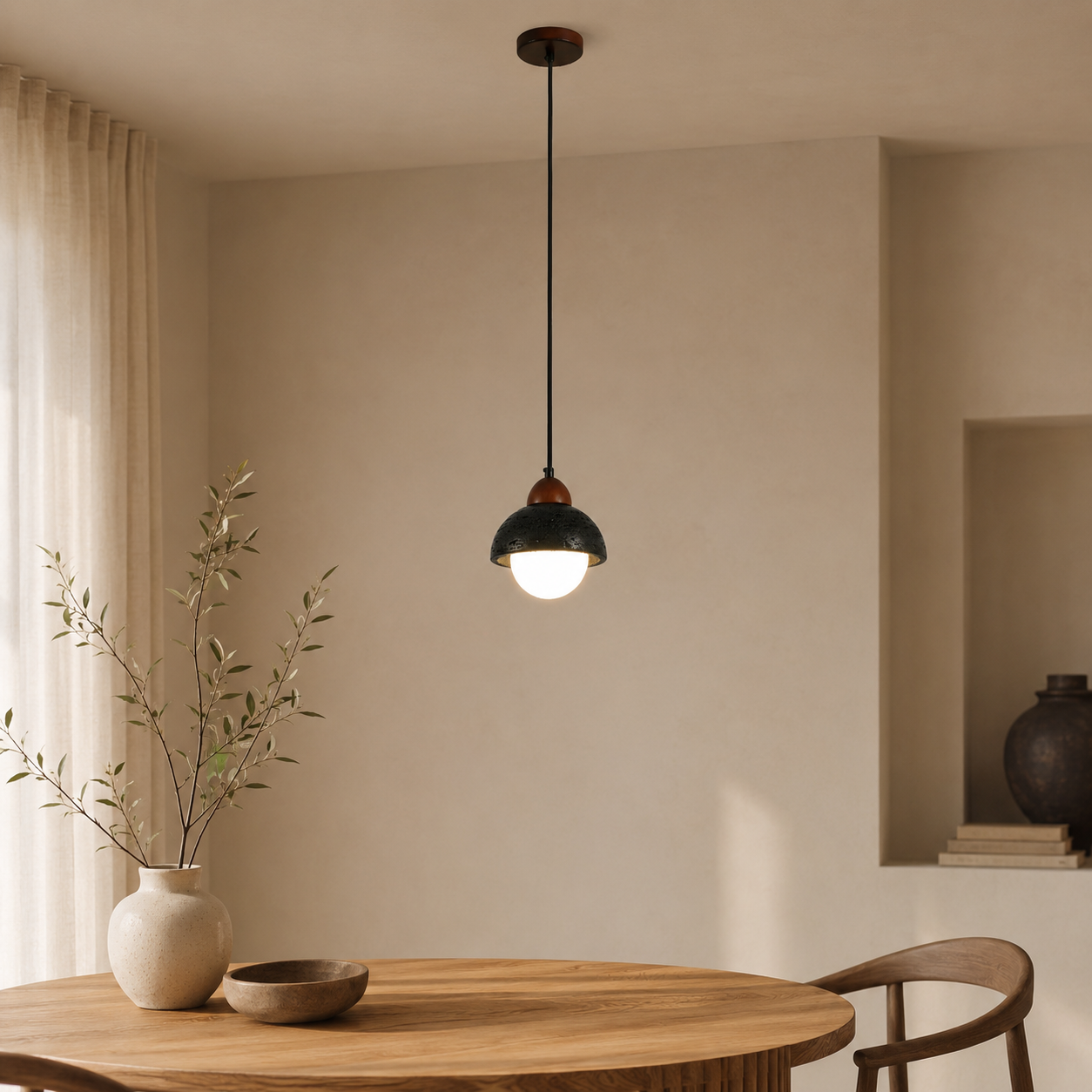 Travolith 6910 Black Travertine Pendant Light – Natural Stone Dome Lamp with Wood Accent - product view 4