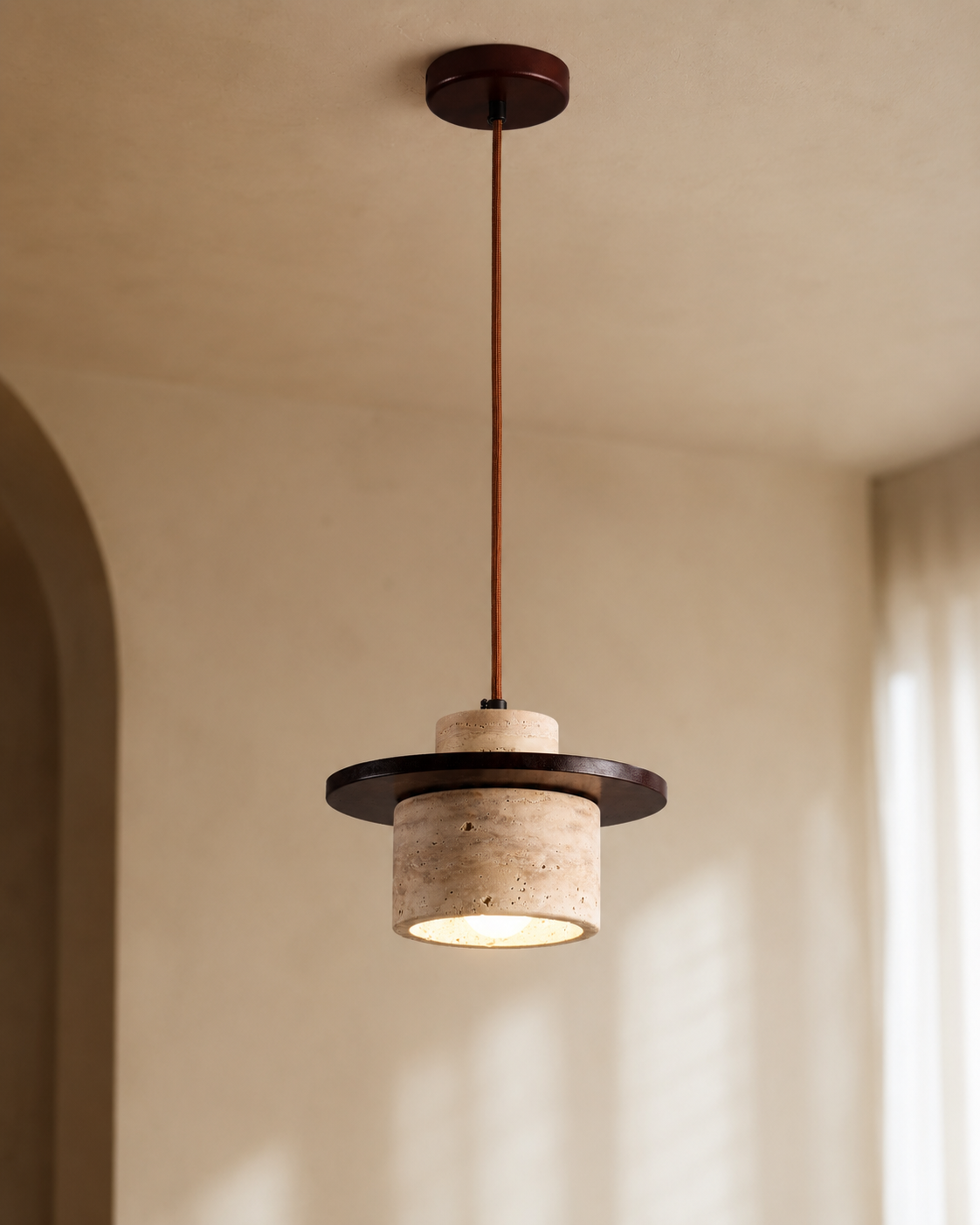 Travolith Model 6149 Natural Yellow Travertine & Wood Pendant Light – E27 Hanging Lamp - product view 2