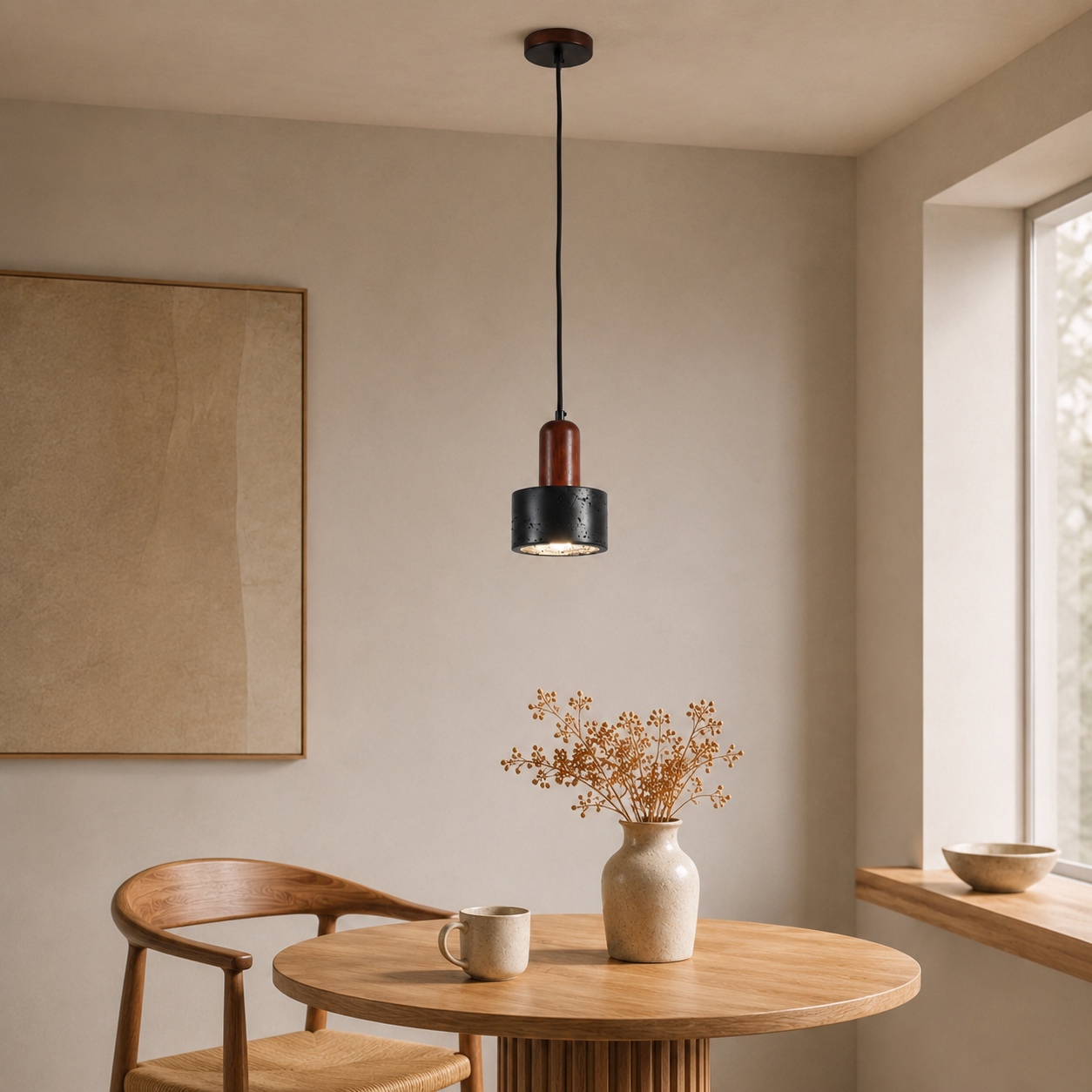 Travolith 6911 Large Black Travertine Pendant Light – Natural Stone Cylinder Lamp with Wood Detail - product view 4