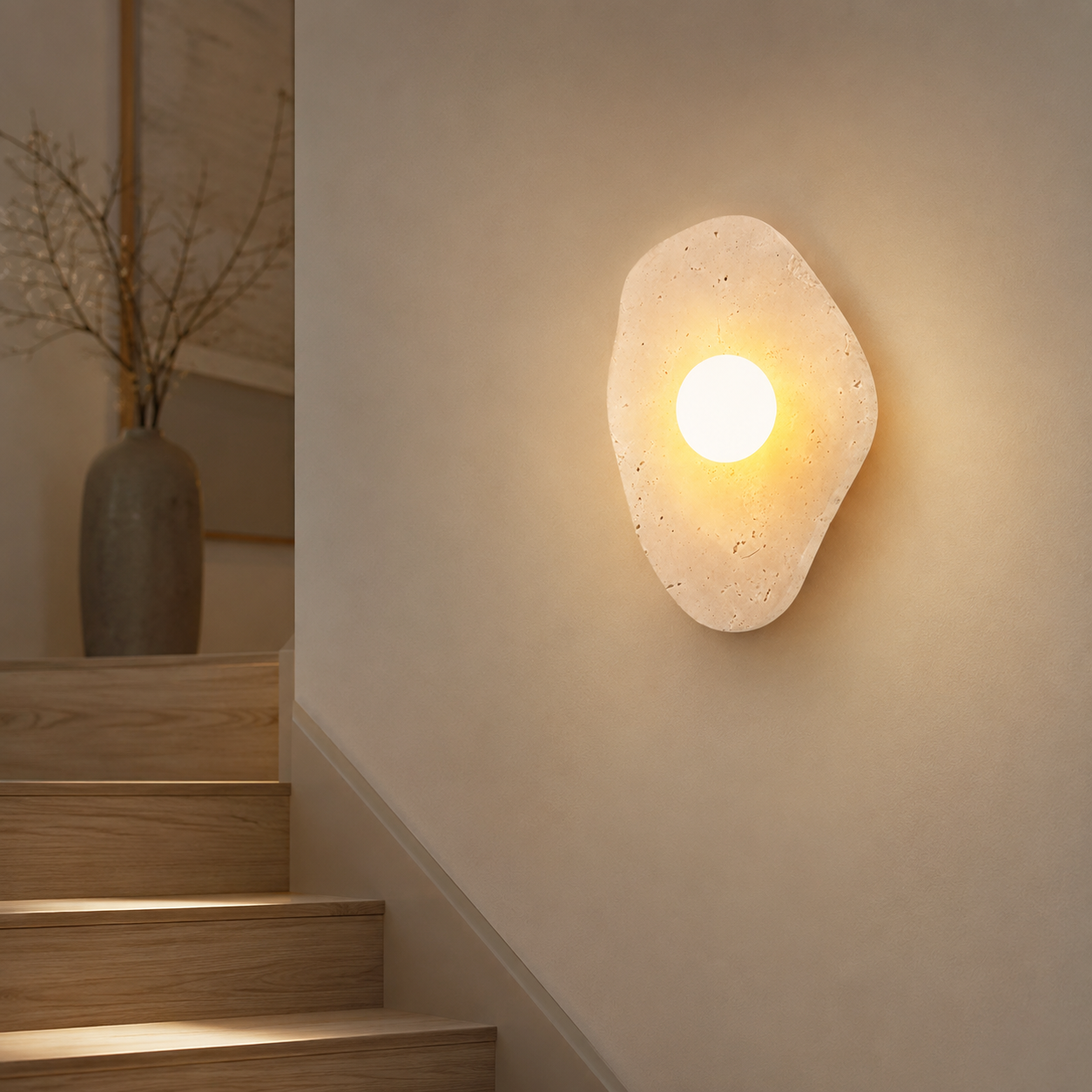 Travolith Wabi-Sabi Travertine Wall Sconce – Natural Stone Ambient Light for Bedroom, Entryway & Hallway - product view 6