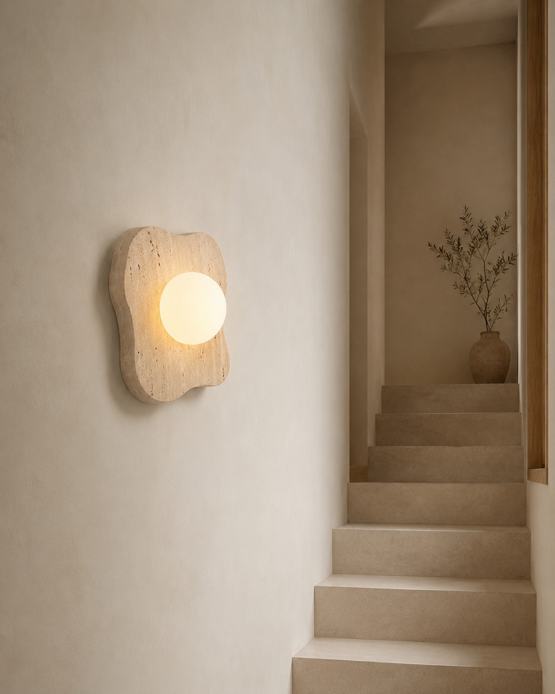 Travolith Organic Travertine Globe Wall Sconce – Modern Wabi-Sabi Bedside Light - product view 6