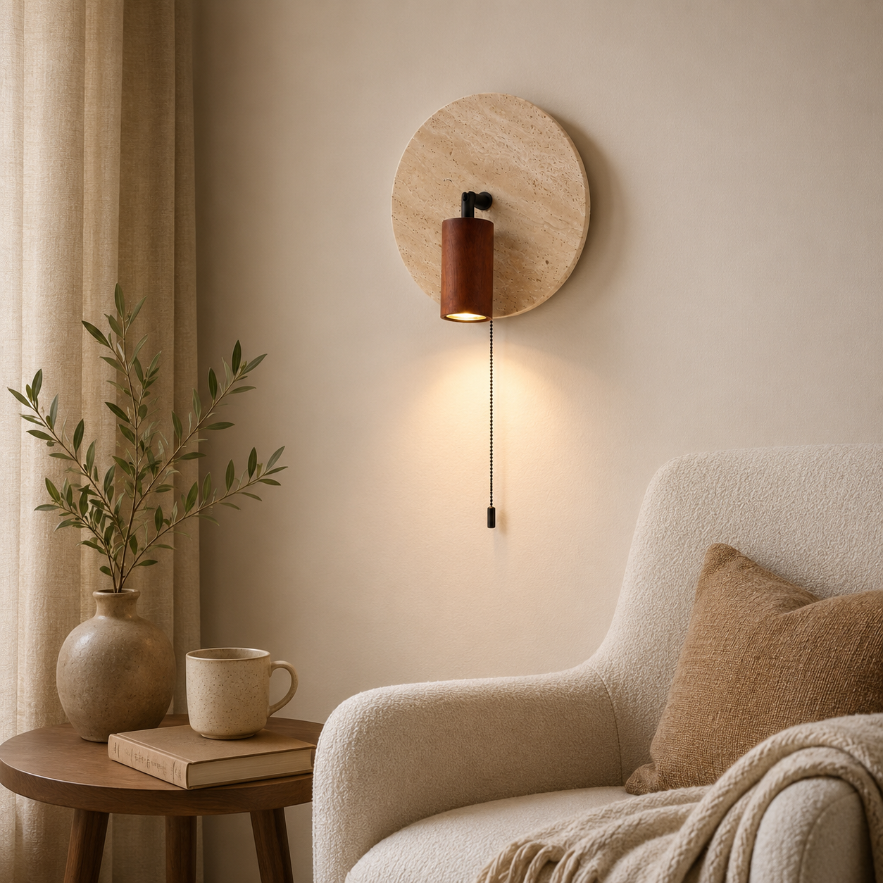 Travolith Wabi-Sabi Clock-Inspired Travertine Wall Sconce with Wooden Spotlight and Pull Chain for Bedroom, Hallway & Hotel - product view 4
