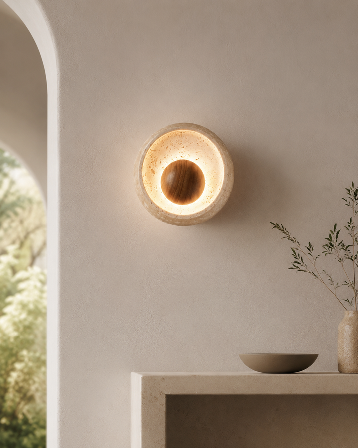 Travolith Modern Natural Travertine Halo Wall Sconce – Textured Stone Accent Light for Bedroom, Entryway and Living Room