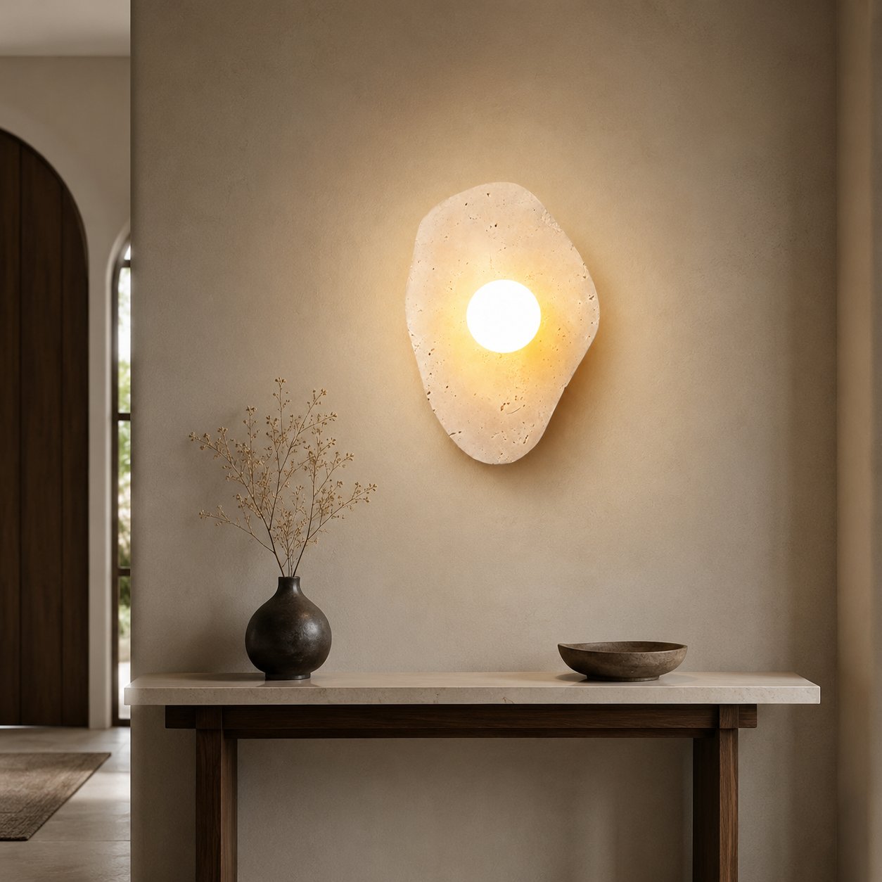 Travolith Wabi-Sabi Travertine Wall Sconce – Natural Stone Ambient Light for Bedroom, Entryway & Hallway - product view 2