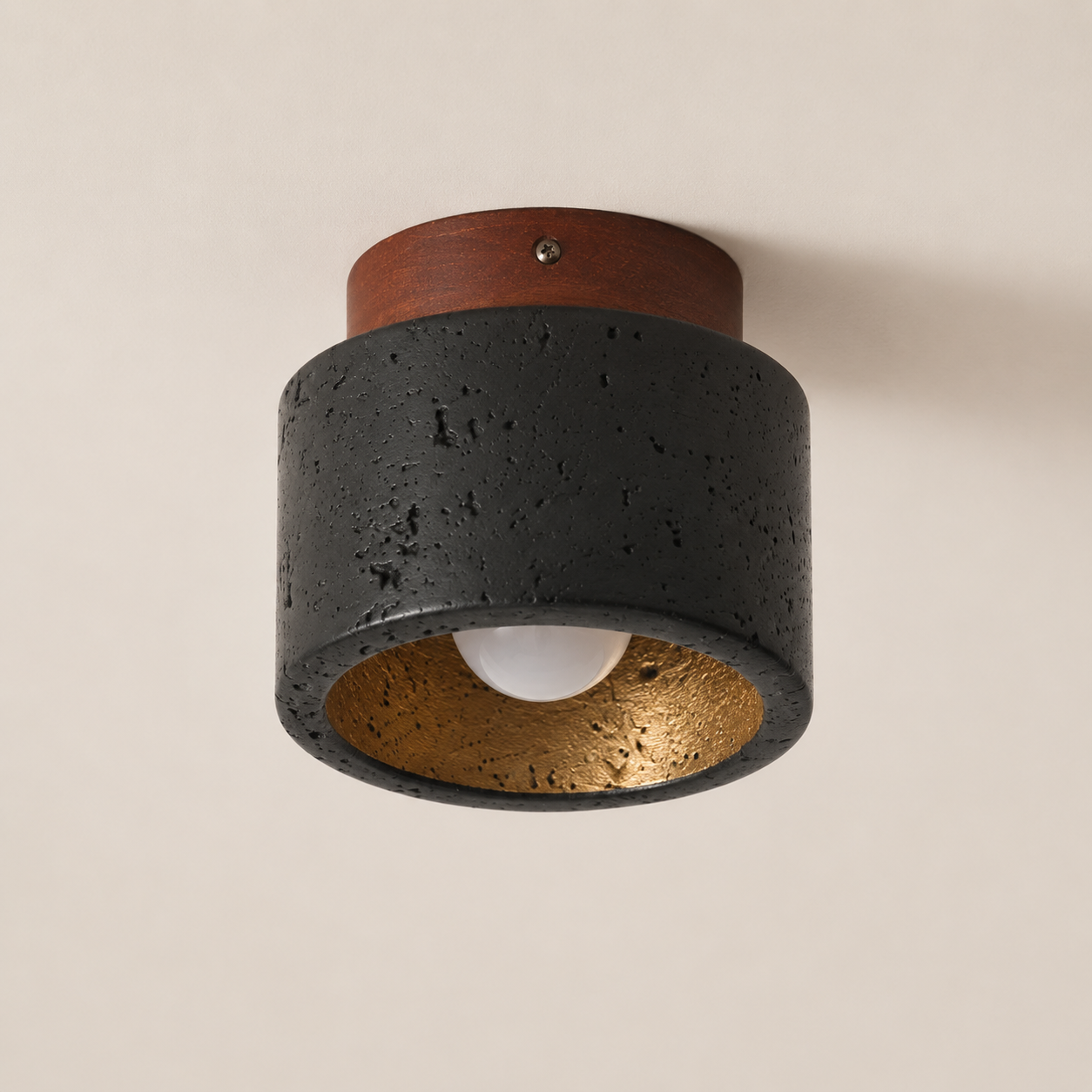 Travolith 6906 Black Travertine Ceiling Light – Compact Natural Stone Fixture with Wood Canopy - product view 5