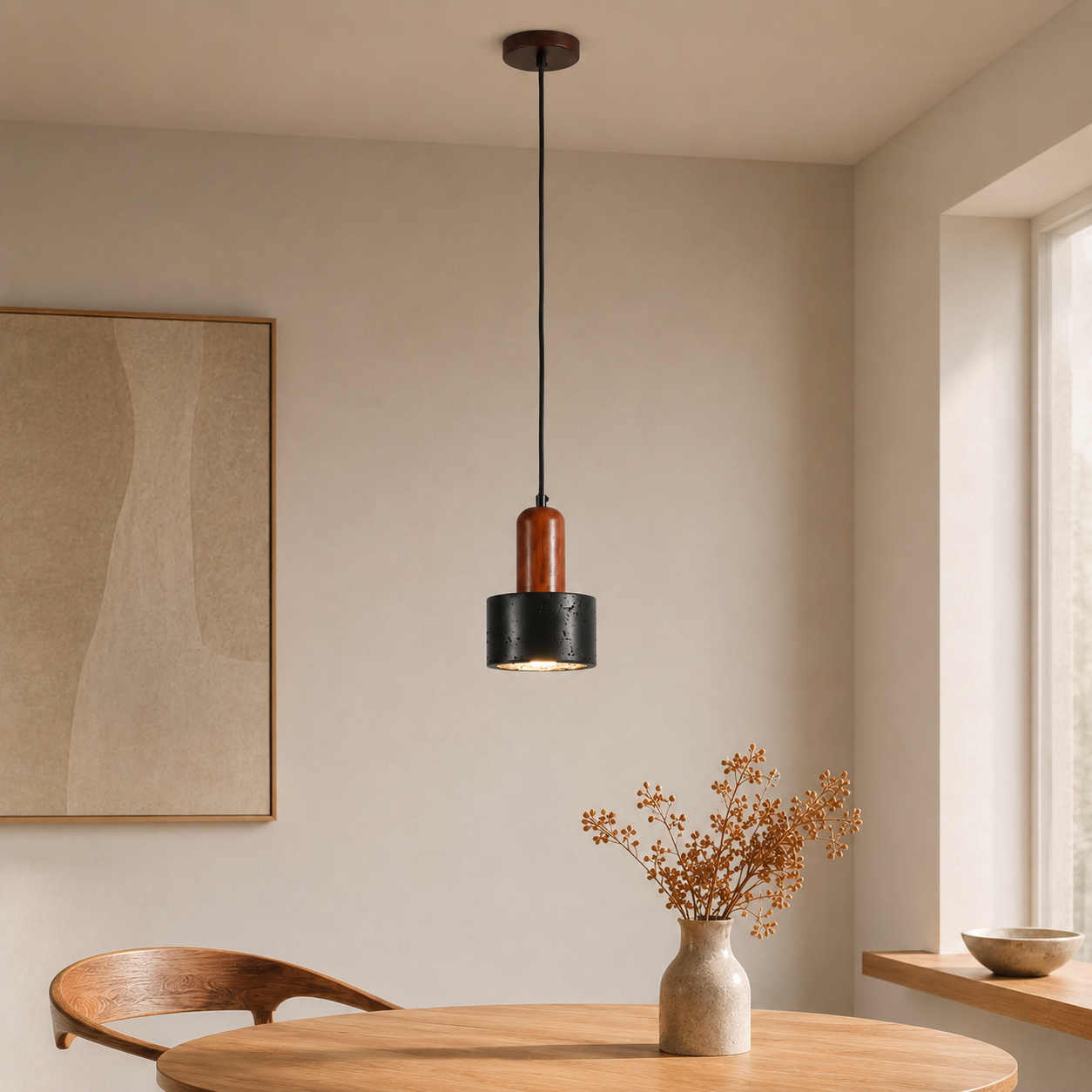 Travolith 6911 Large Black Travertine Pendant Light – Natural Stone Cylinder Lamp with Wood Detail - product view 5