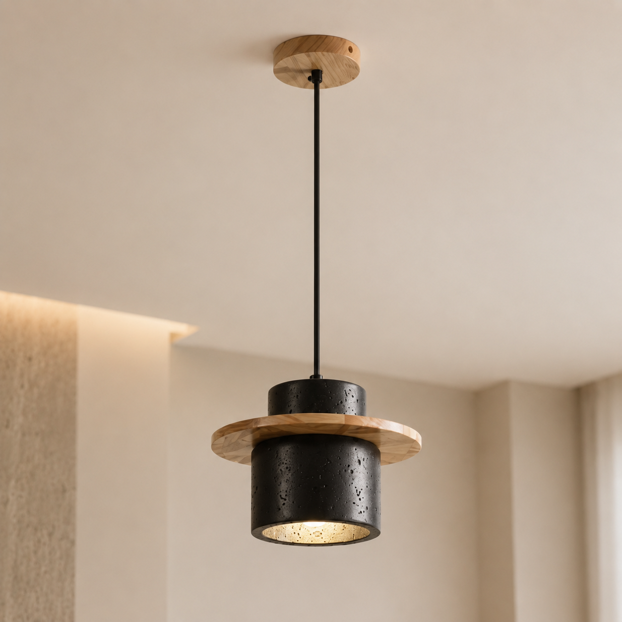 Travolith 6912 Black Travertine Pendant Lamp – Layered Natural Stone Light with Wooden Ring Accent - product view 2