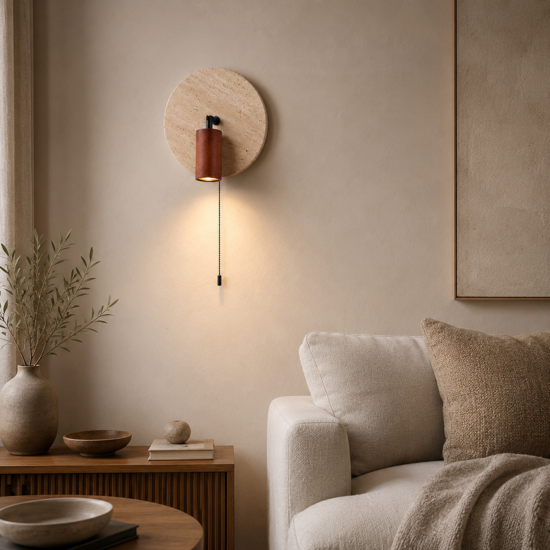 Travolith Wabi-Sabi Clock-Inspired Travertine Wall Sconce with Wooden Spotlight and Pull Chain for Bedroom, Hallway & Hotel - product view 1