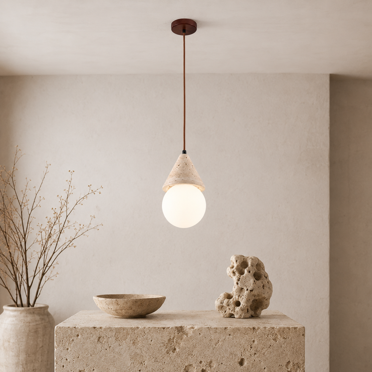 Travolith Wabi-Sabi Yellow Travertine Globe Pendant Light – Vintage Bedside Ceiling Lamp - product view 5