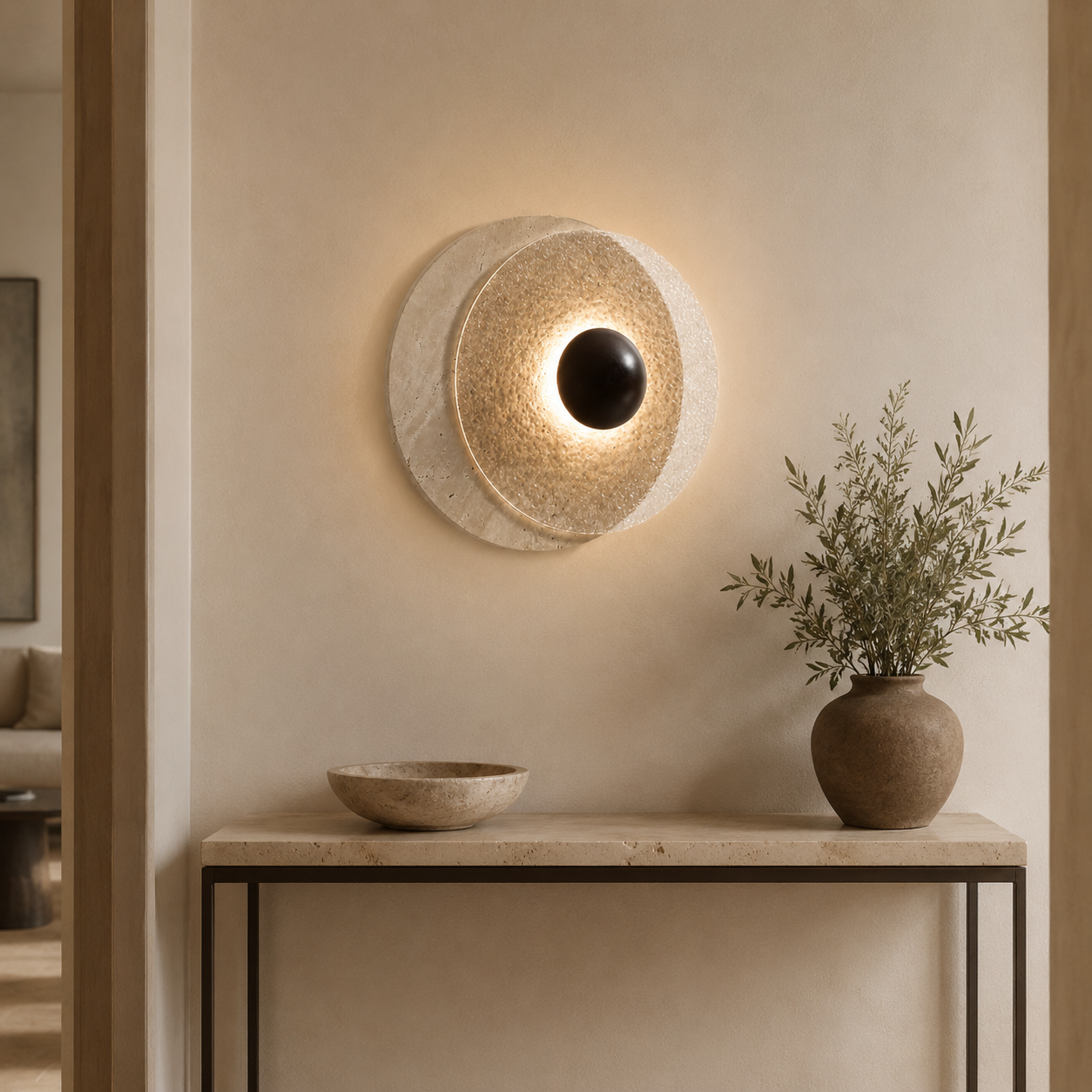Travolith Kanso Halo Travertine Wall Sconce – Japanese Vintage Round Bedside Light - product view 5