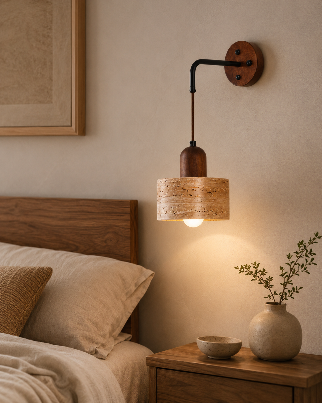 Travolith Wabi-Sabi Travertine Wall Sconce – Japanese Vintage Bedside Light for Living Room, Stairway & Hallway - product view 1