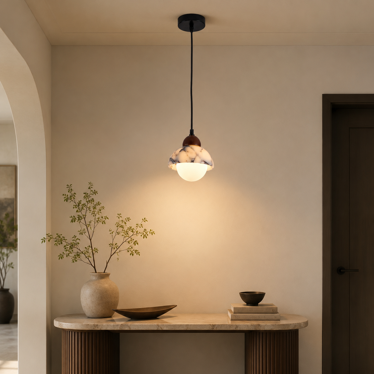 Travolith Patterned Stone Pendant Light – Pearl Black and Brass Natural Stone Ceiling Fixture - product view 4