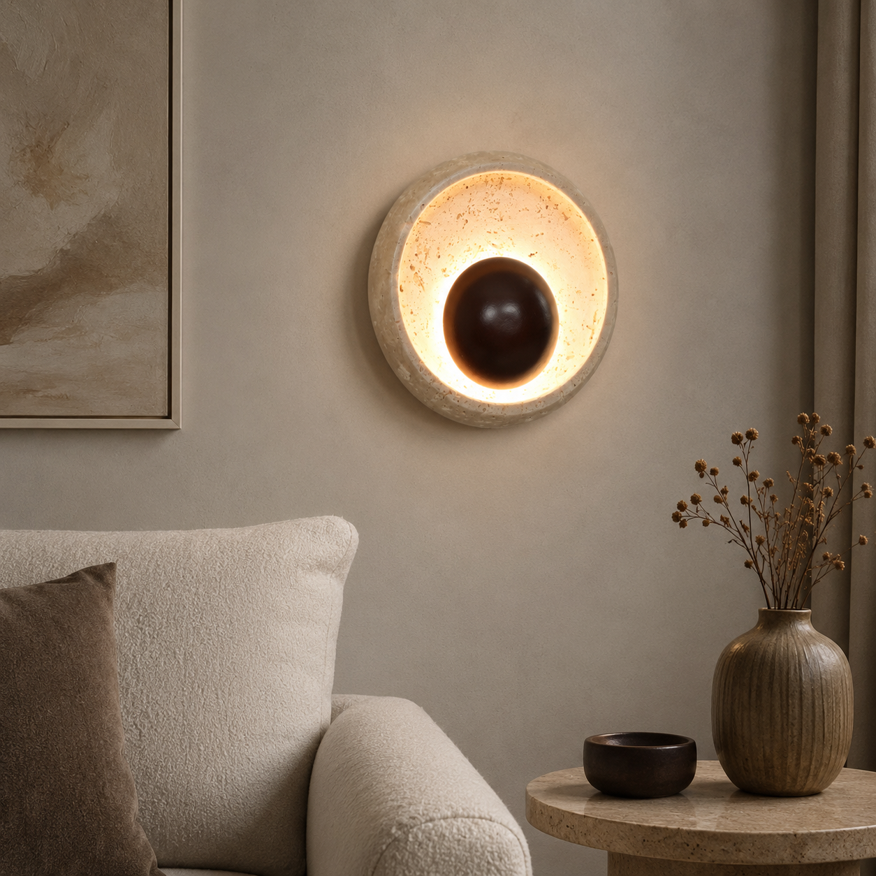Travolith Modern Natural Travertine Halo Wall Sconce – Textured Stone Accent Light for Bedroom, Entryway and Living Room - product view 9