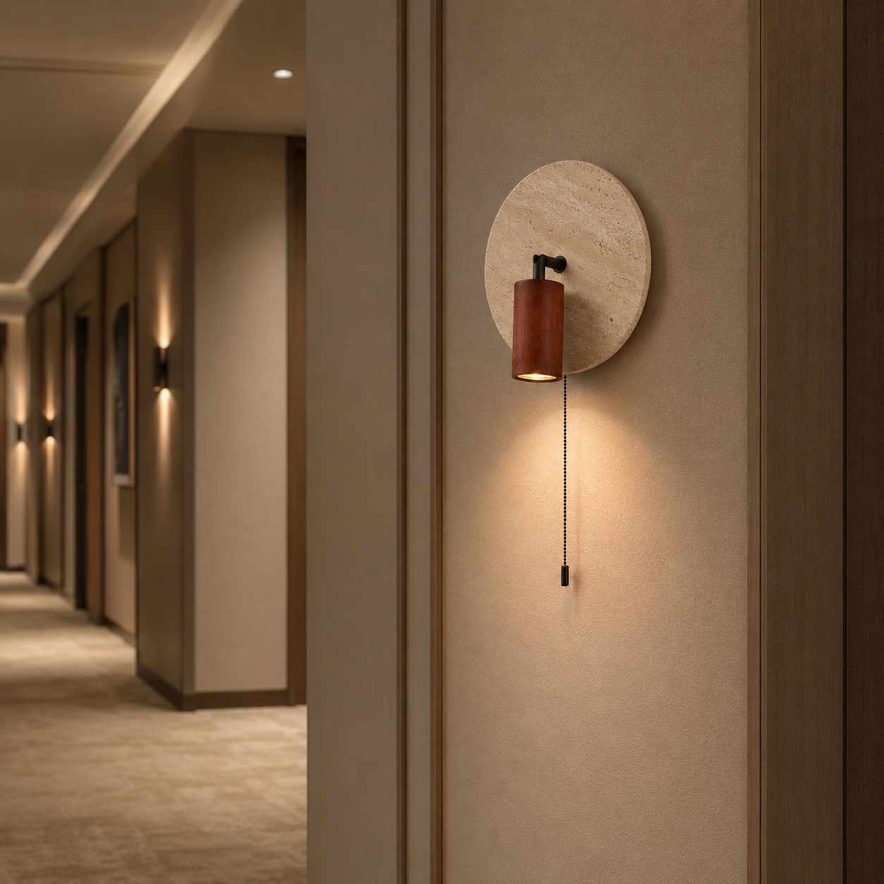 Travolith Wabi-Sabi Clock-Inspired Travertine Wall Sconce with Wooden Spotlight and Pull Chain for Bedroom, Hallway & Hotel - product view 5