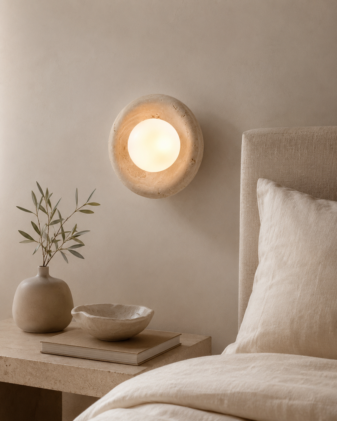 Travolith Natural Travertine Ring Wall Sconce – Modern Stone Globe Light for Bedroom & Entryway - product view 3