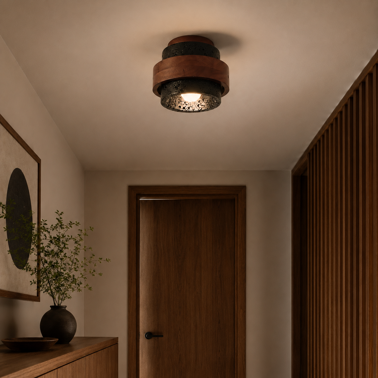 Travolith 6903 Black Travertine Flush Mount – Wood-Wrapped Natural Stone Ceiling Light - product view 7