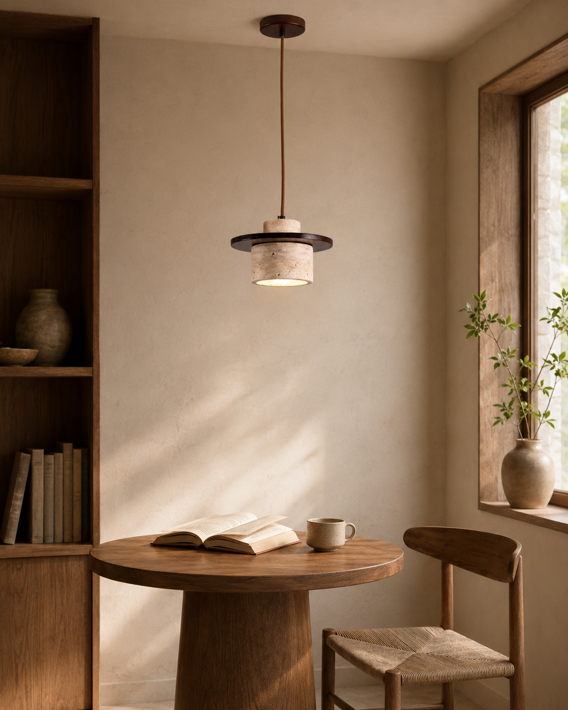 Travolith Model 6149 Natural Yellow Travertine & Wood Pendant Light – E27 Hanging Lamp - product view 3