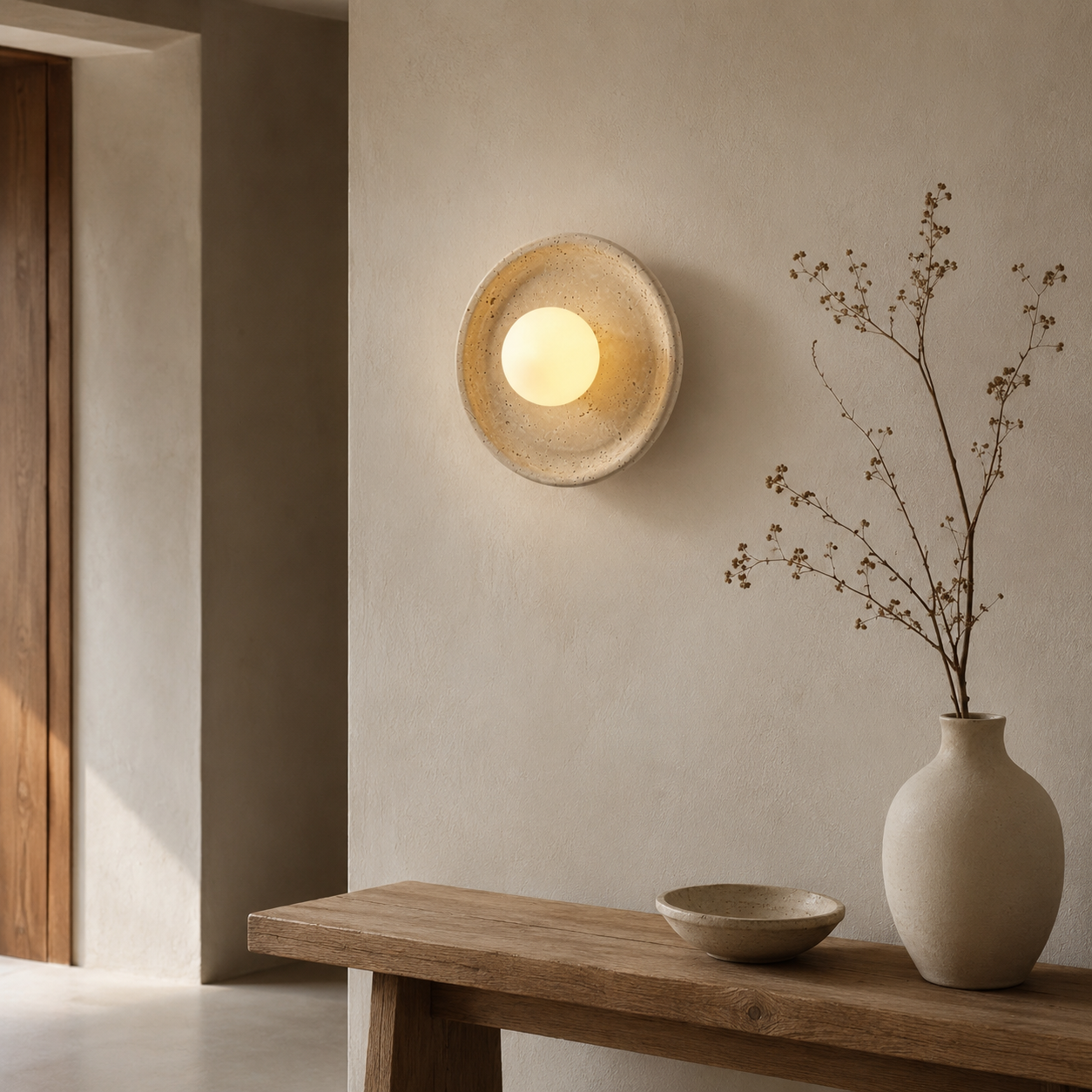 Travolith Sora Nest Travertine Wall Sconce – Wabi-Sabi Stone and Glass Light - product view 4