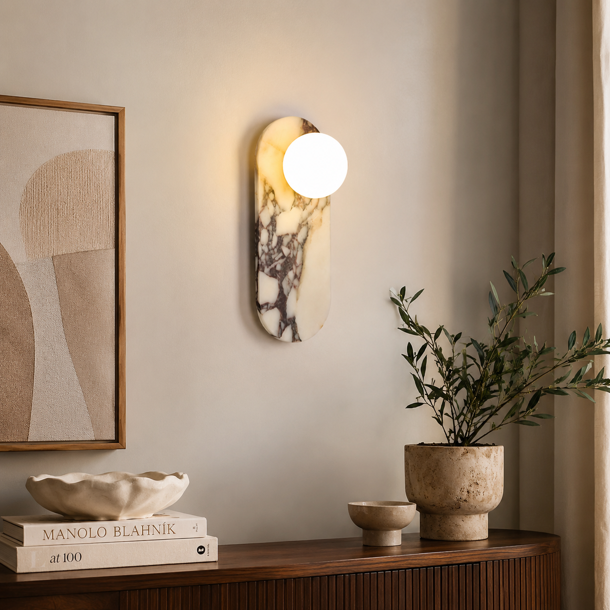 Travolith Patterned Stone Triple-Globe Wall Light – Vertical Natural Stone Sconce with Brass Details - product view 2
