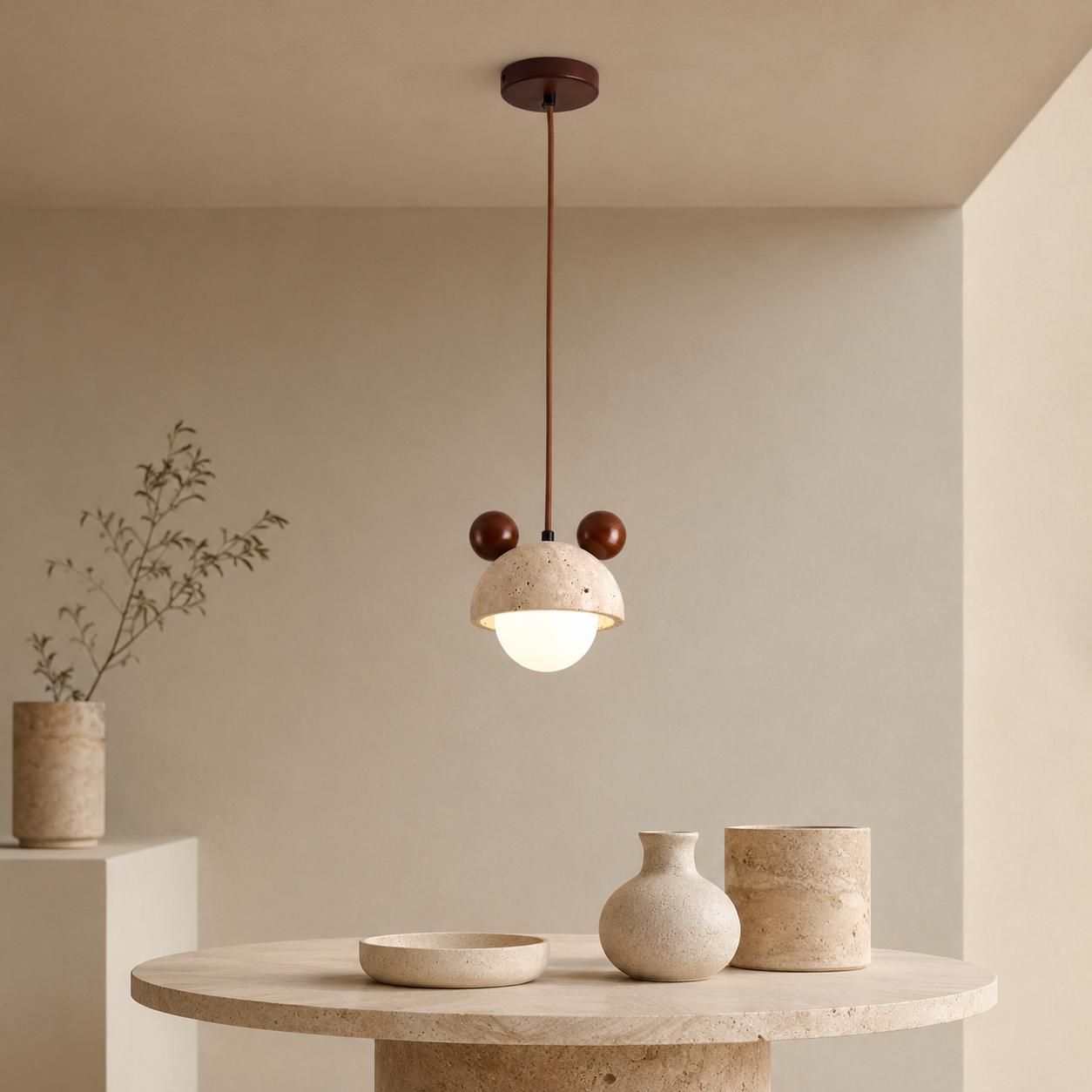 Travolith Wabi-Sabi Yellow Travertine & Wood Pendant Light – Vintage Bedside Hanging Lamp - product view 5