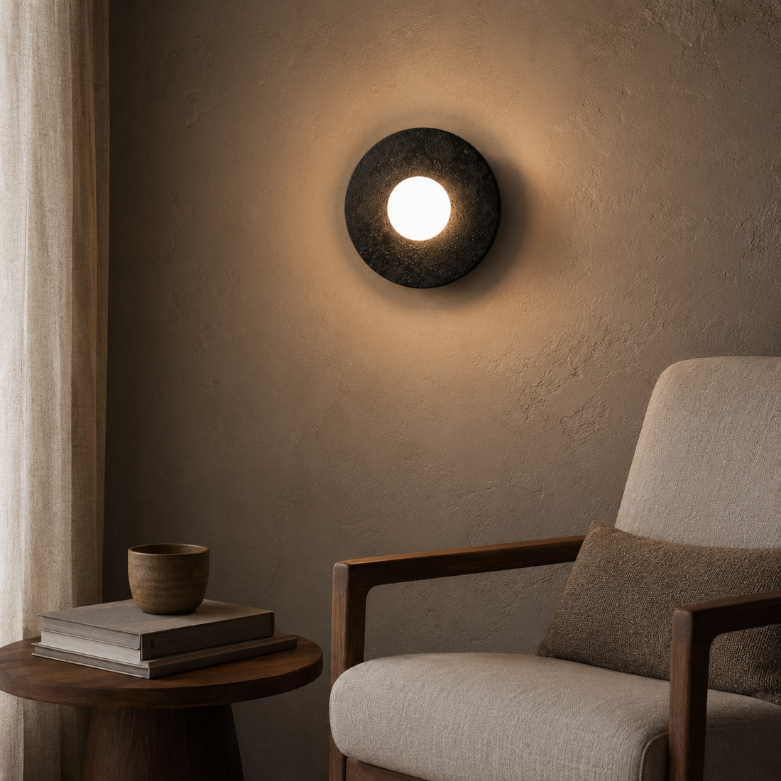 Travolith Round Travertine Wall Light – Natural Stone and Glass Sconce Available in Three Sizes - product view 1