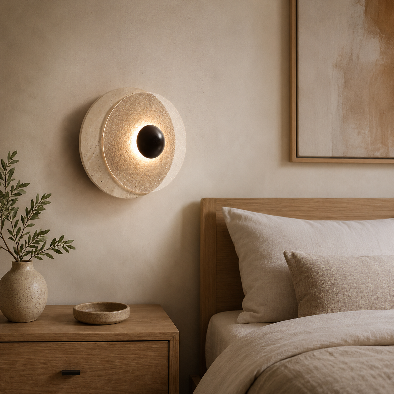 Travolith Kanso Halo Travertine Wall Sconce – Japanese Vintage Round Bedside Light - product view 3