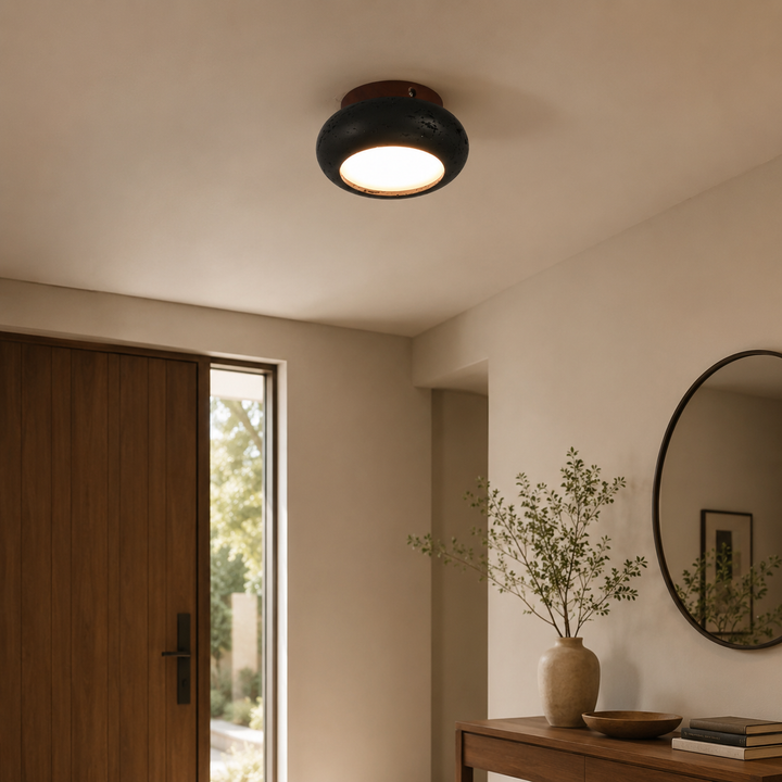 Travolith 6901 Black Travertine Ceiling Light – Natural Stone LED Fixture with Warm Wood Accent