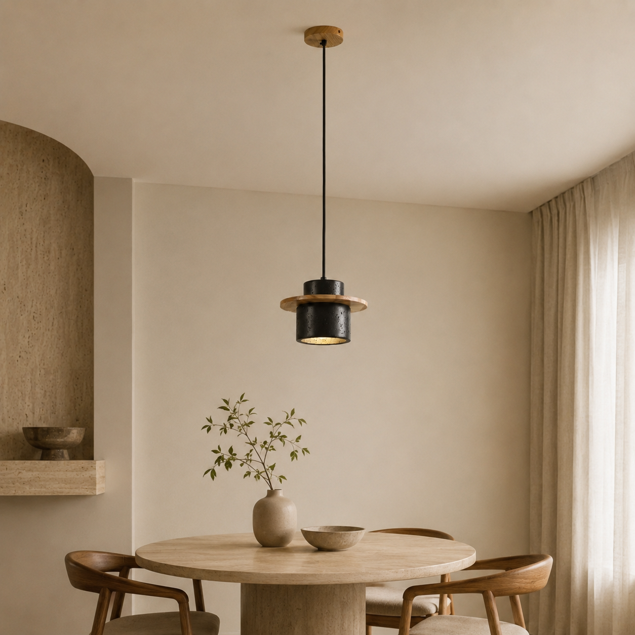Travolith 6912 Black Travertine Pendant Lamp – Layered Natural Stone Light with Wooden Ring Accent - product view 3