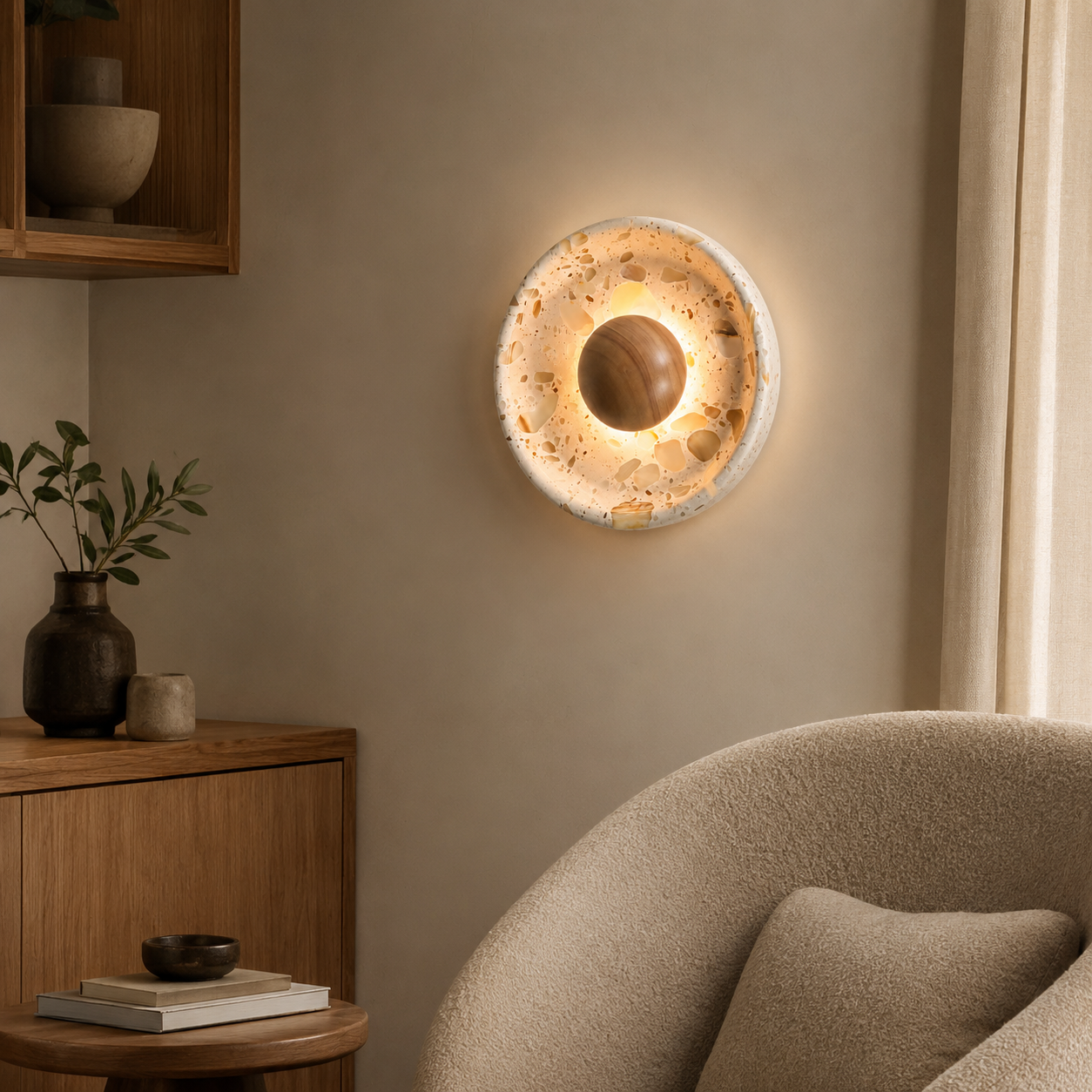 Travolith Amber Cove Travertine LED Wall Lamp – Wabi-Sabi Half-Dome Bedside Sconce - product view 3