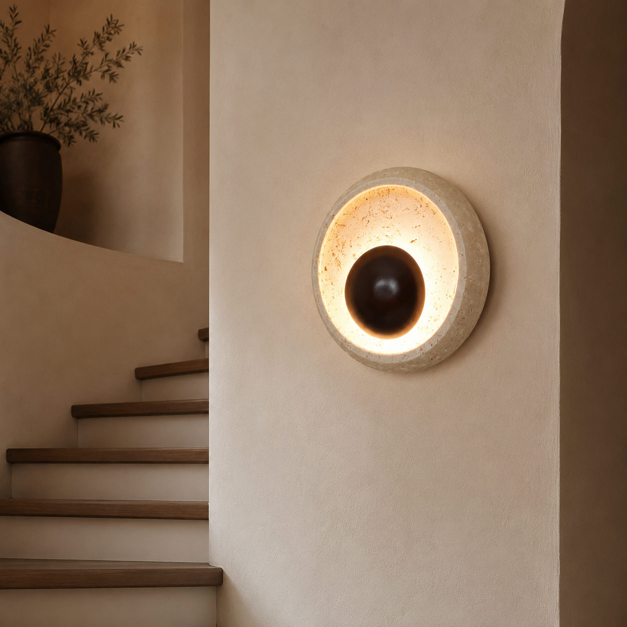 Travolith Modern Natural Travertine Halo Wall Sconce – Textured Stone Accent Light for Bedroom, Entryway and Living Room - product view 3