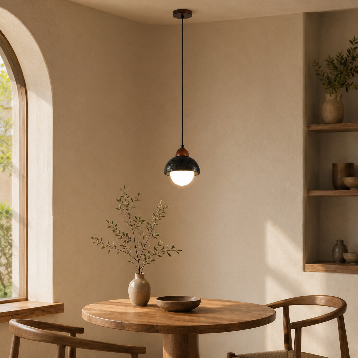 Travolith 6910 Black Travertine Pendant Light – Natural Stone Dome Lamp with Wood Accent - product view 6