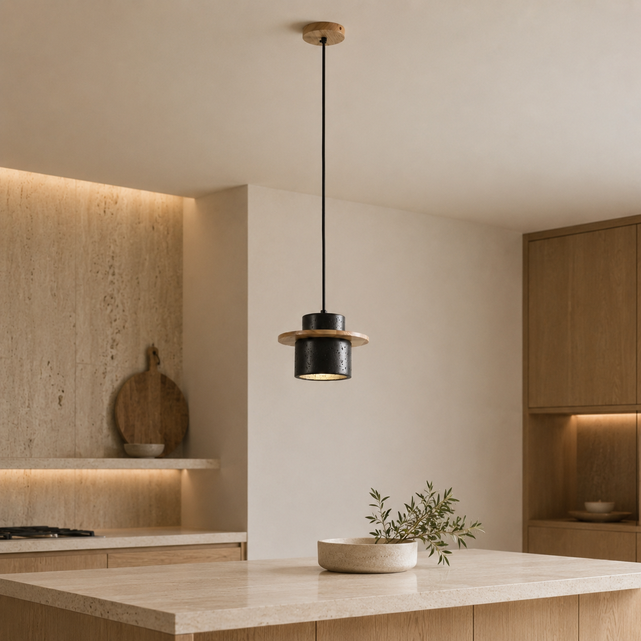 Travolith 6912 Black Travertine Pendant Lamp – Layered Natural Stone Light with Wooden Ring Accent - product view 5