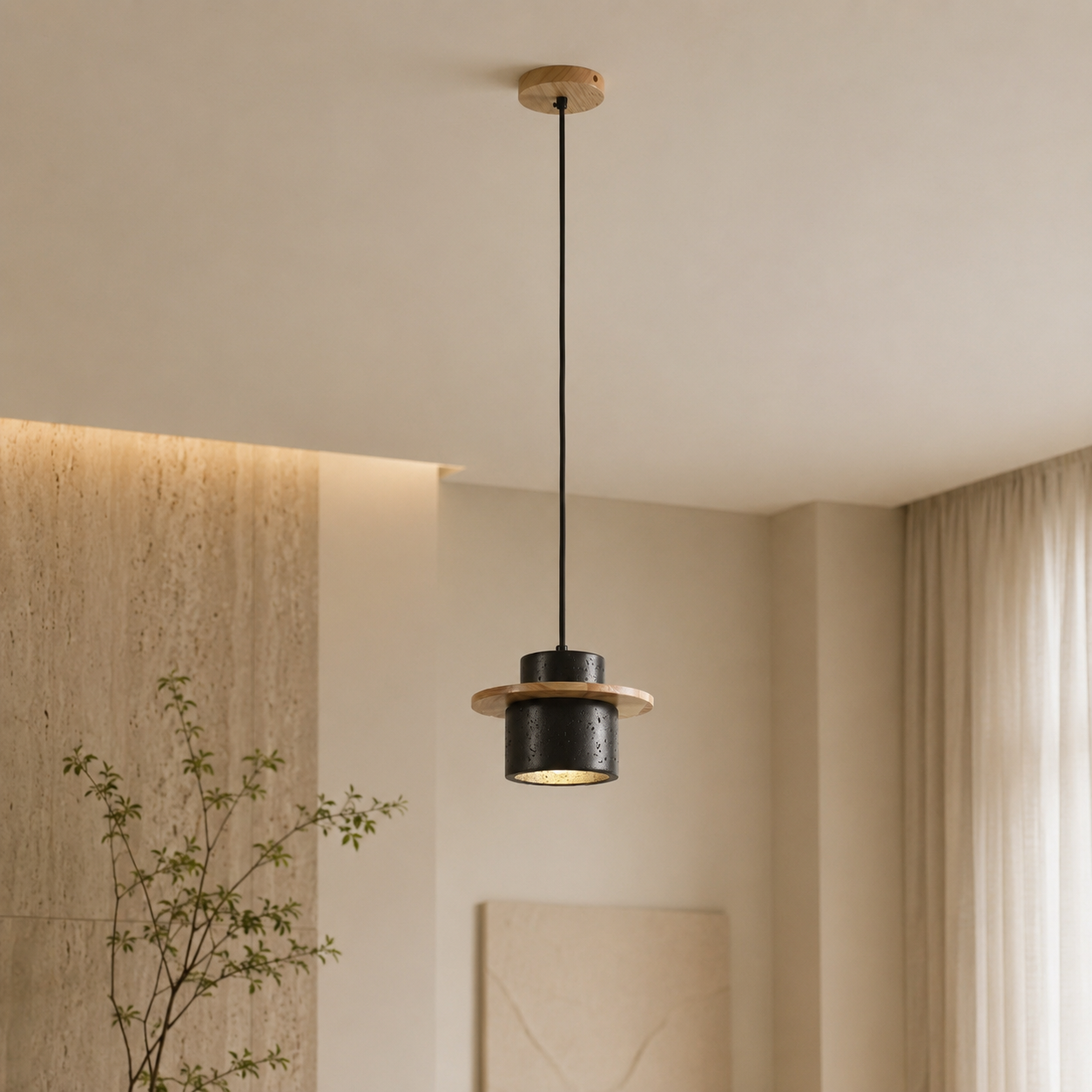 Travolith 6912 Black Travertine Pendant Lamp – Layered Natural Stone Light with Wooden Ring Accent - product view 6
