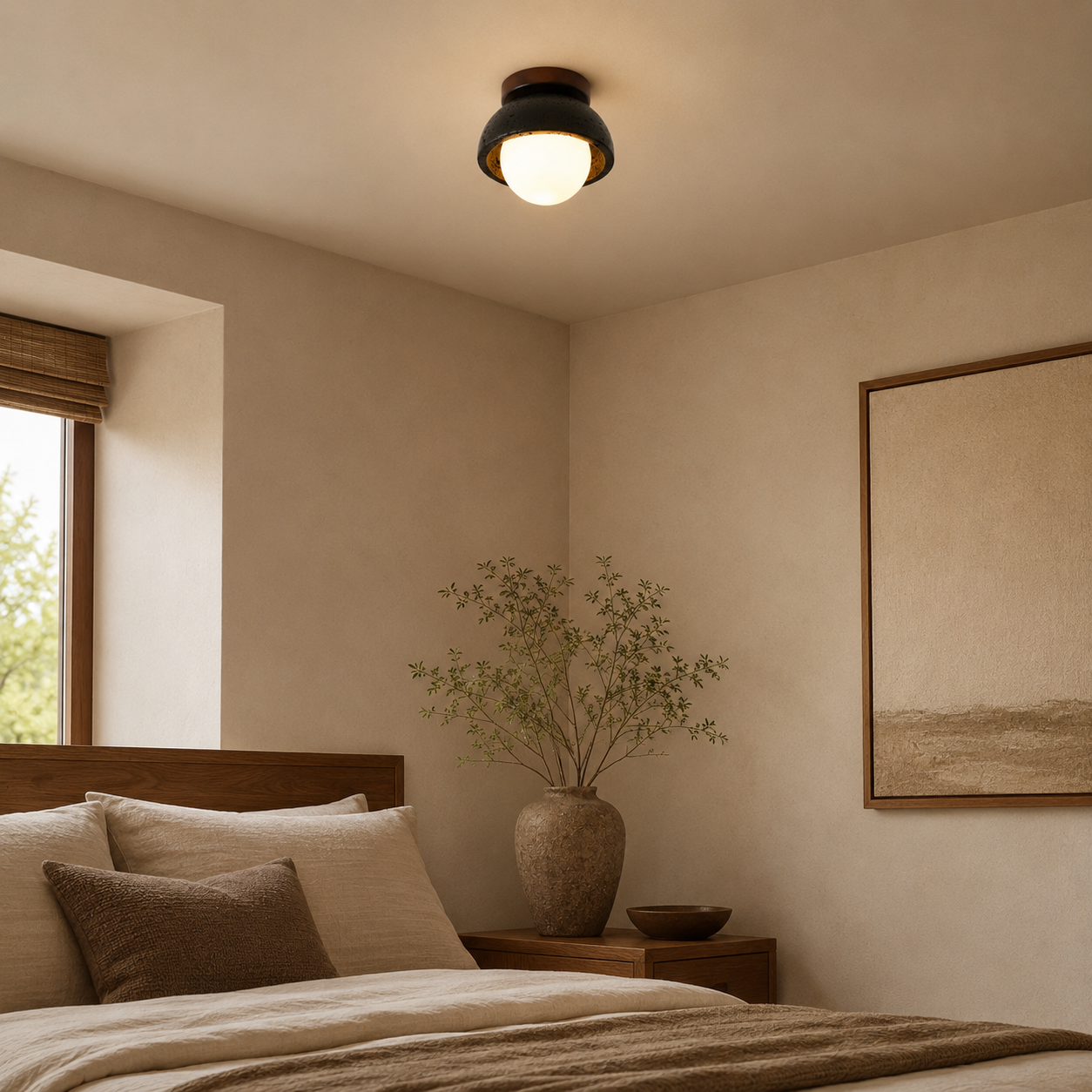Travolith 6905 Black Travertine Ceiling Lamp – Compact Natural Stone Fixture with Warm Wood Detail - product view 6
