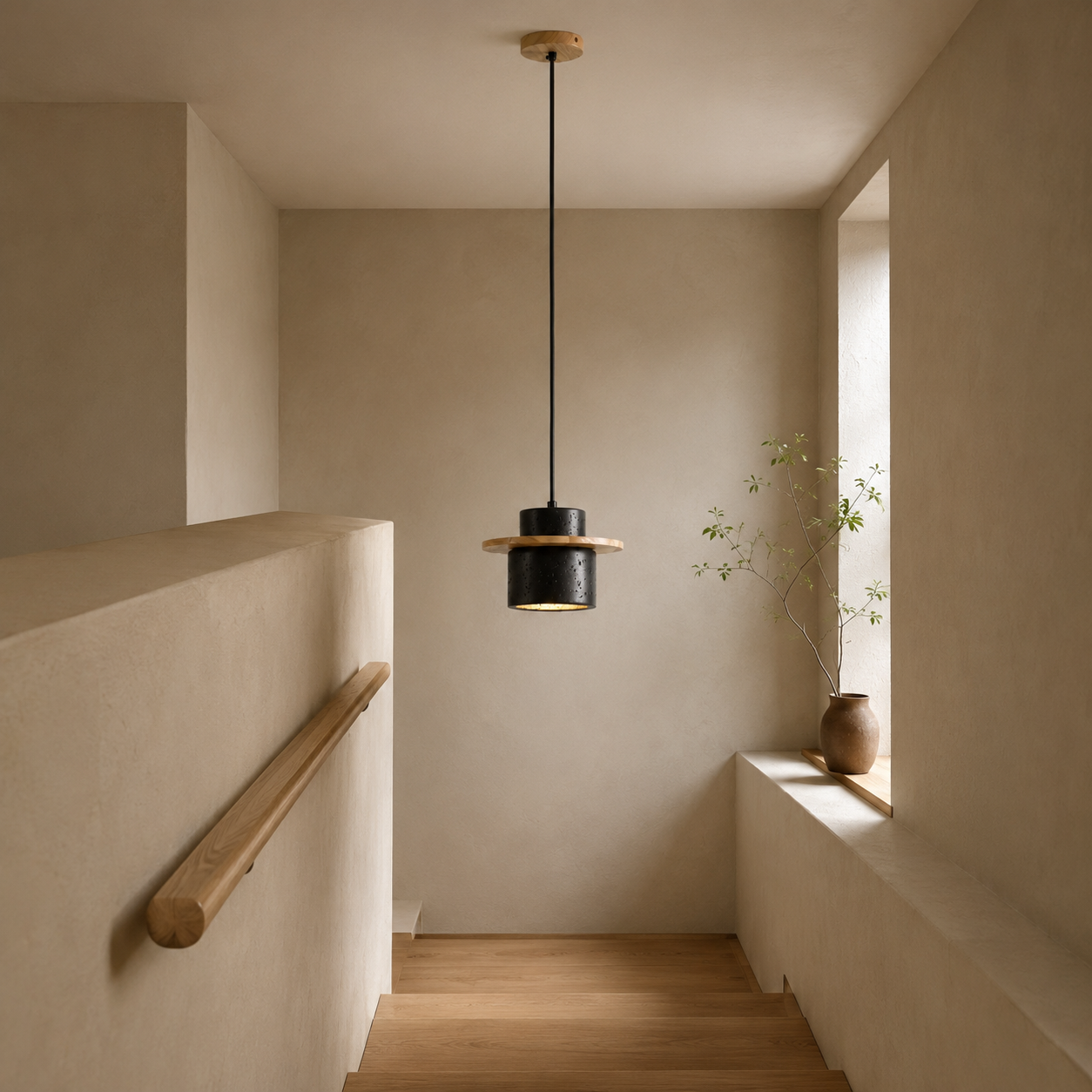 Travolith 6912 Black Travertine Pendant Lamp – Layered Natural Stone Light with Wooden Ring Accent - product view 7