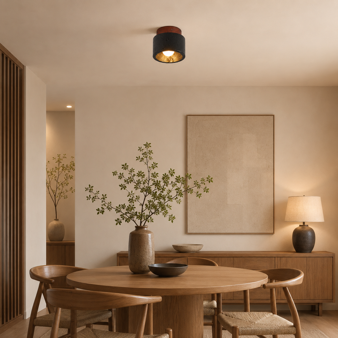 Travolith 6906 Black Travertine Ceiling Light – Compact Natural Stone Fixture with Wood Canopy - product view 1