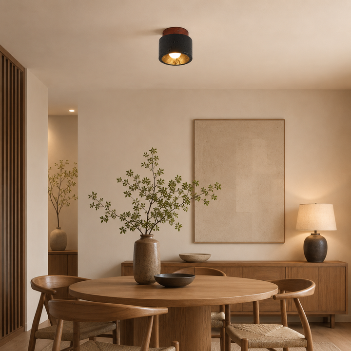 Travolith 6906 Black Travertine Ceiling Light – Compact Natural Stone Fixture with Wood Canopy