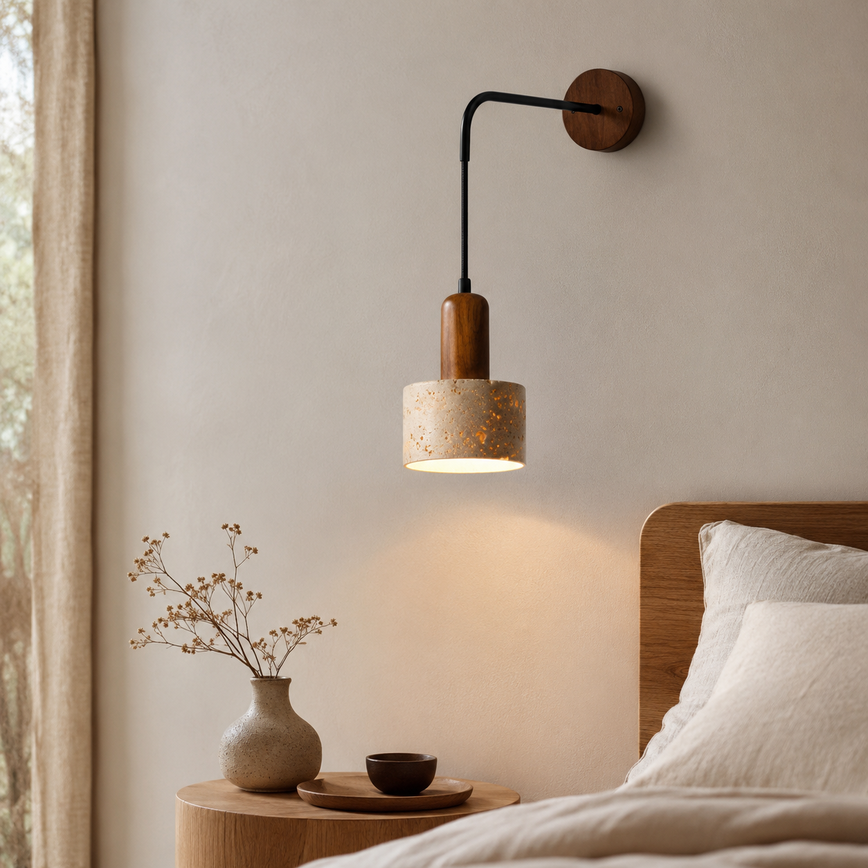 Travolith Wabi-Sabi Travertine Wall Sconce – Japanese Vintage Bedside Light for Living Room, Stairway & Hallway - product view 8